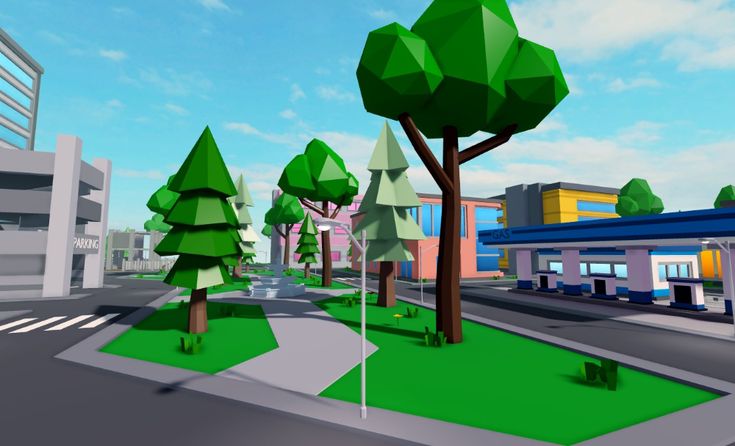 an animated city street with trees and buildings