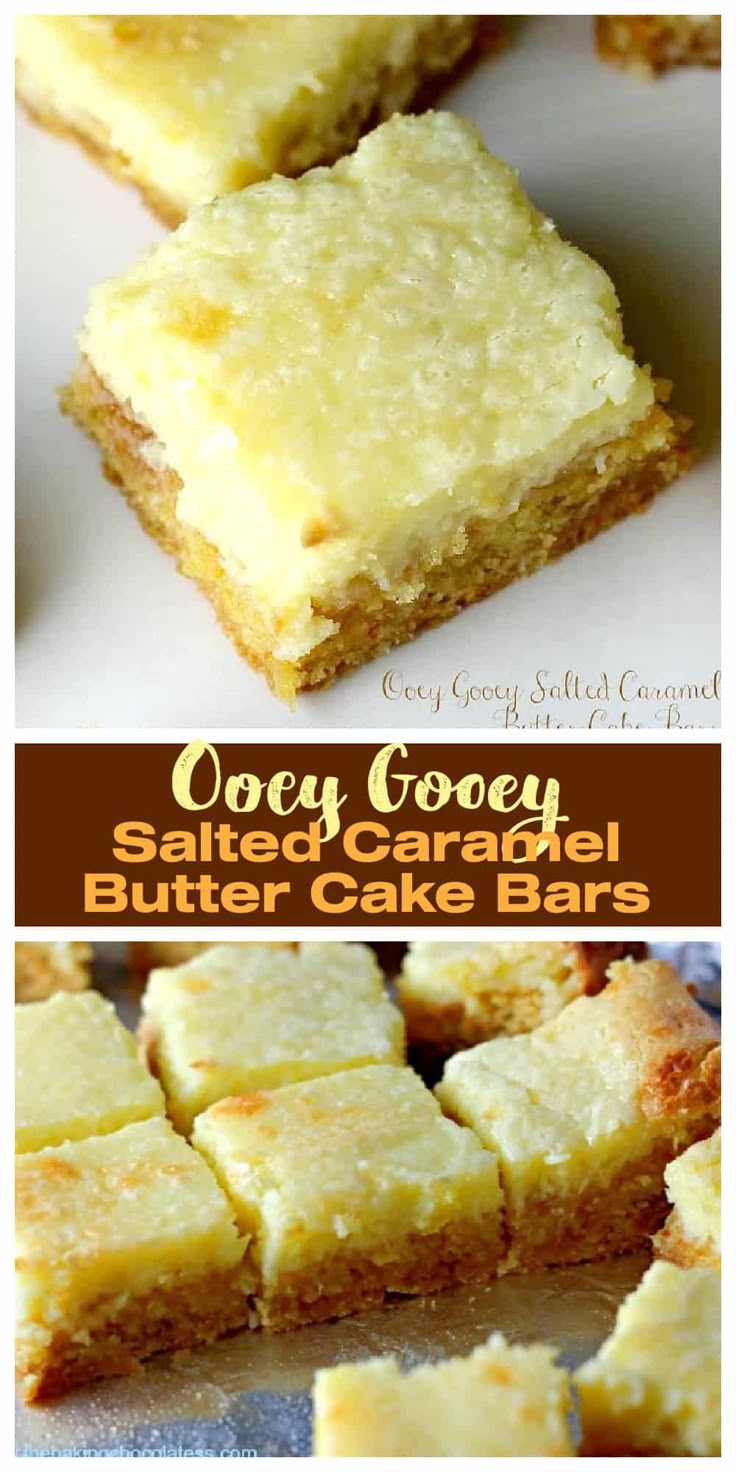 a close up of some cake bars on a white plate with the words, oney goey salted caramel butter cake bars