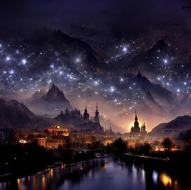 the night sky is filled with stars and lights above a town on a mountain range