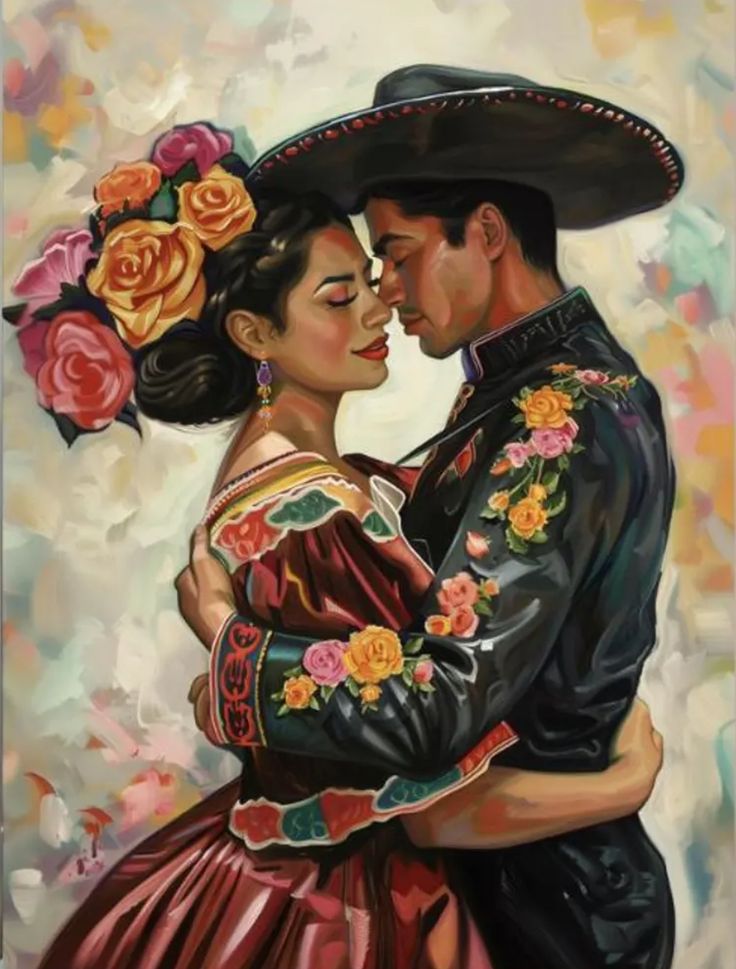 a painting of a man and woman in traditional mexican dress hugging each other with flowers on their foreheads