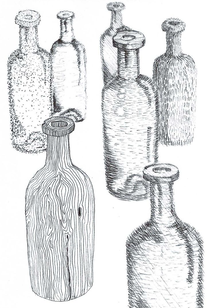 several bottles are lined up on a white background, and one is drawn in black ink