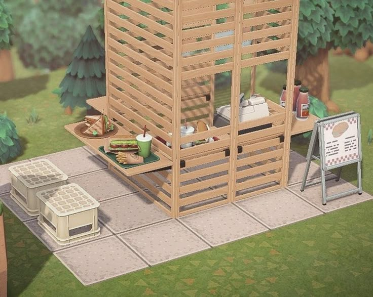 an animated image of a wooden structure in the middle of a park with picnic tables and food