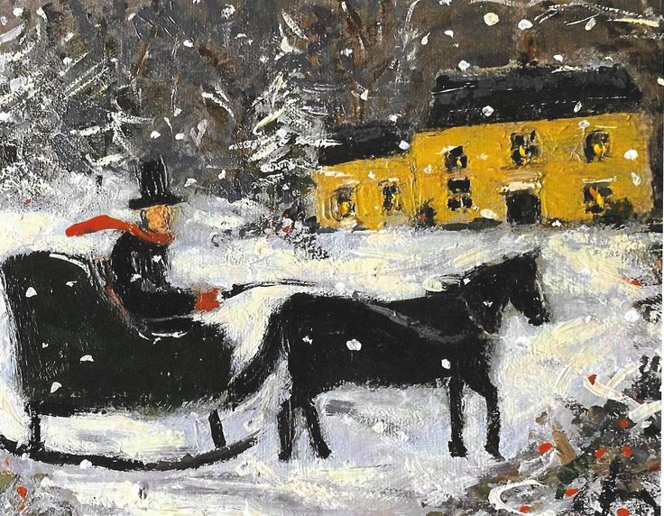 a painting of two horses pulling a sleigh through the snow with a yellow house in the background