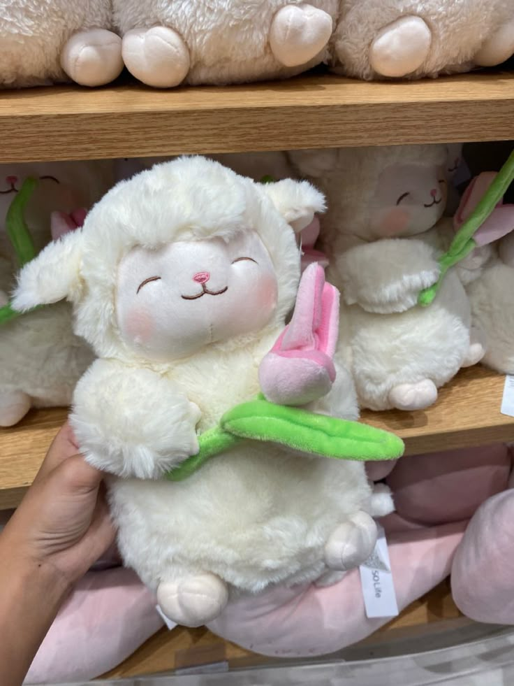 a person holding a stuffed animal in front of shelves with other stuffed animals on it