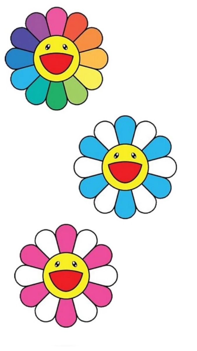 three colorful flowers with faces drawn on the petals and one has an orange, yellow, blue