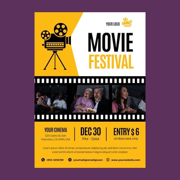 a movie festival poster with people on the film strip and clapsticks in front of them