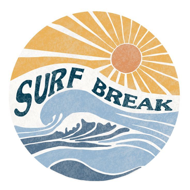 the surf break logo is shown in blue, yellow and orange colors on a white background