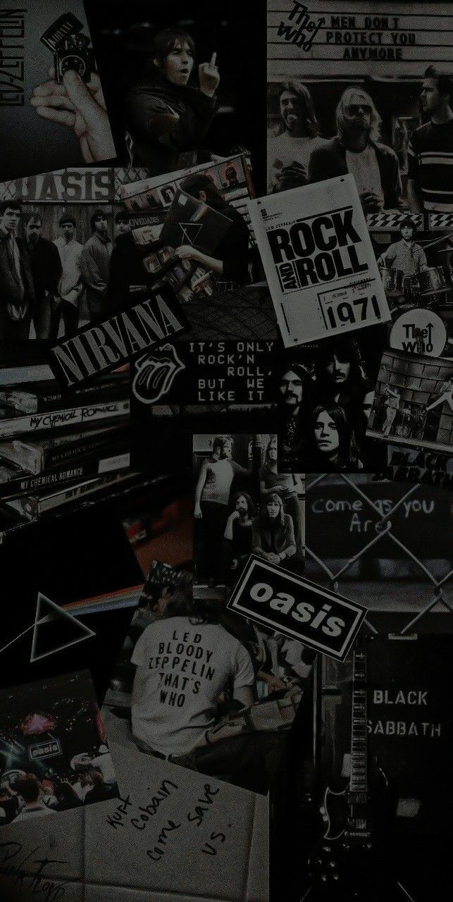 black and white collage with various posters on the wall in front of it, including an advertisement for rock'n roll