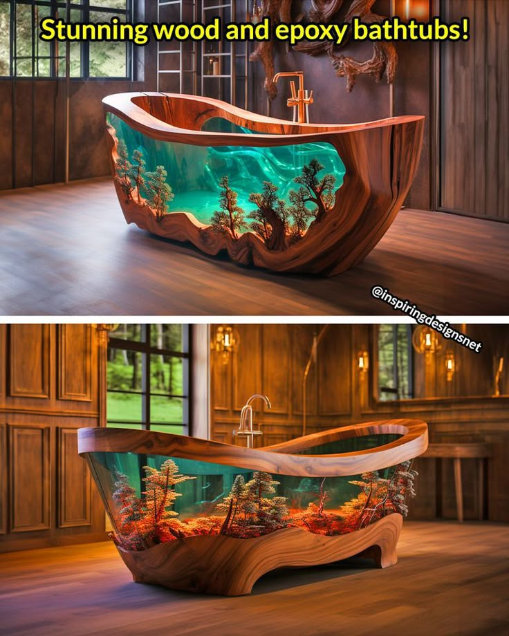 an aquarium in the shape of a bathtub is shown with text that reads, stunning wood and epoxy bathtubs