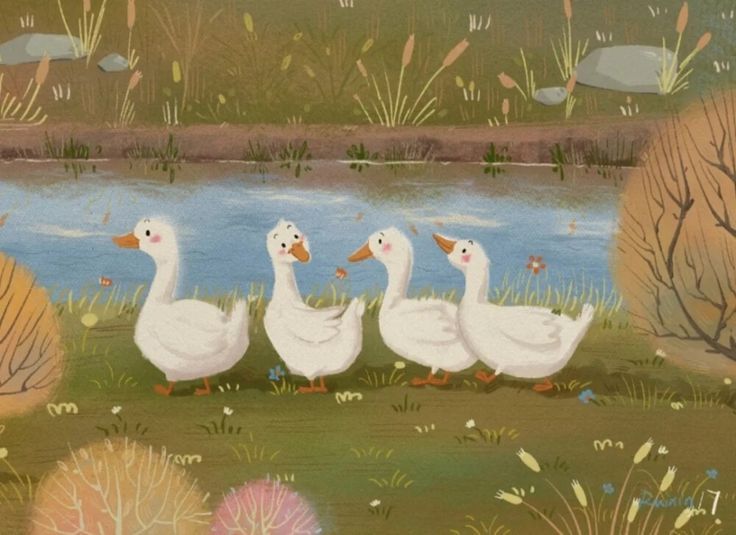 there are three ducks that are walking in the grass