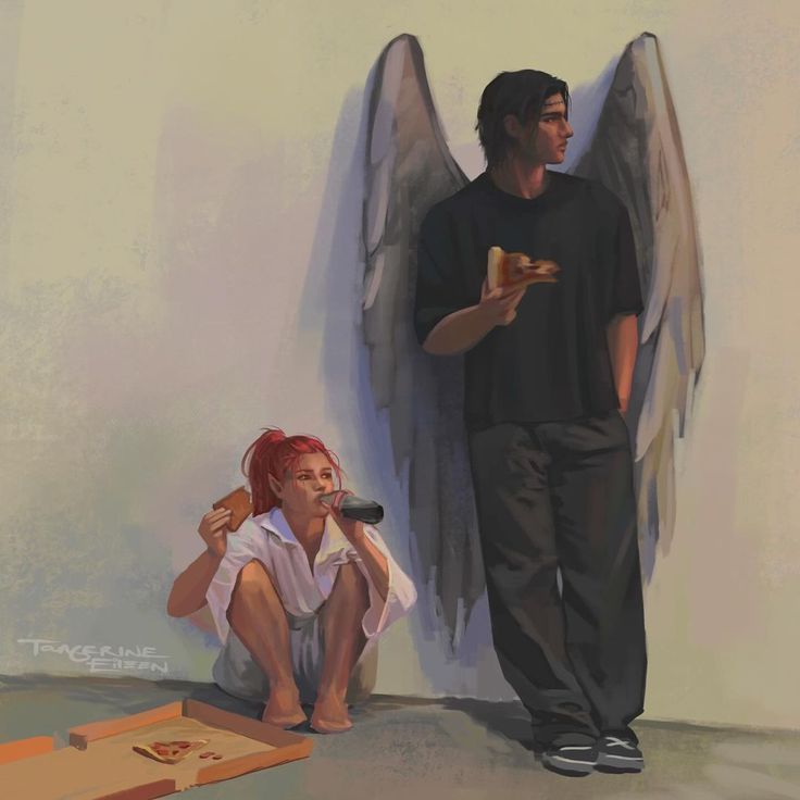 a man standing next to an angel holding a piece of pizza