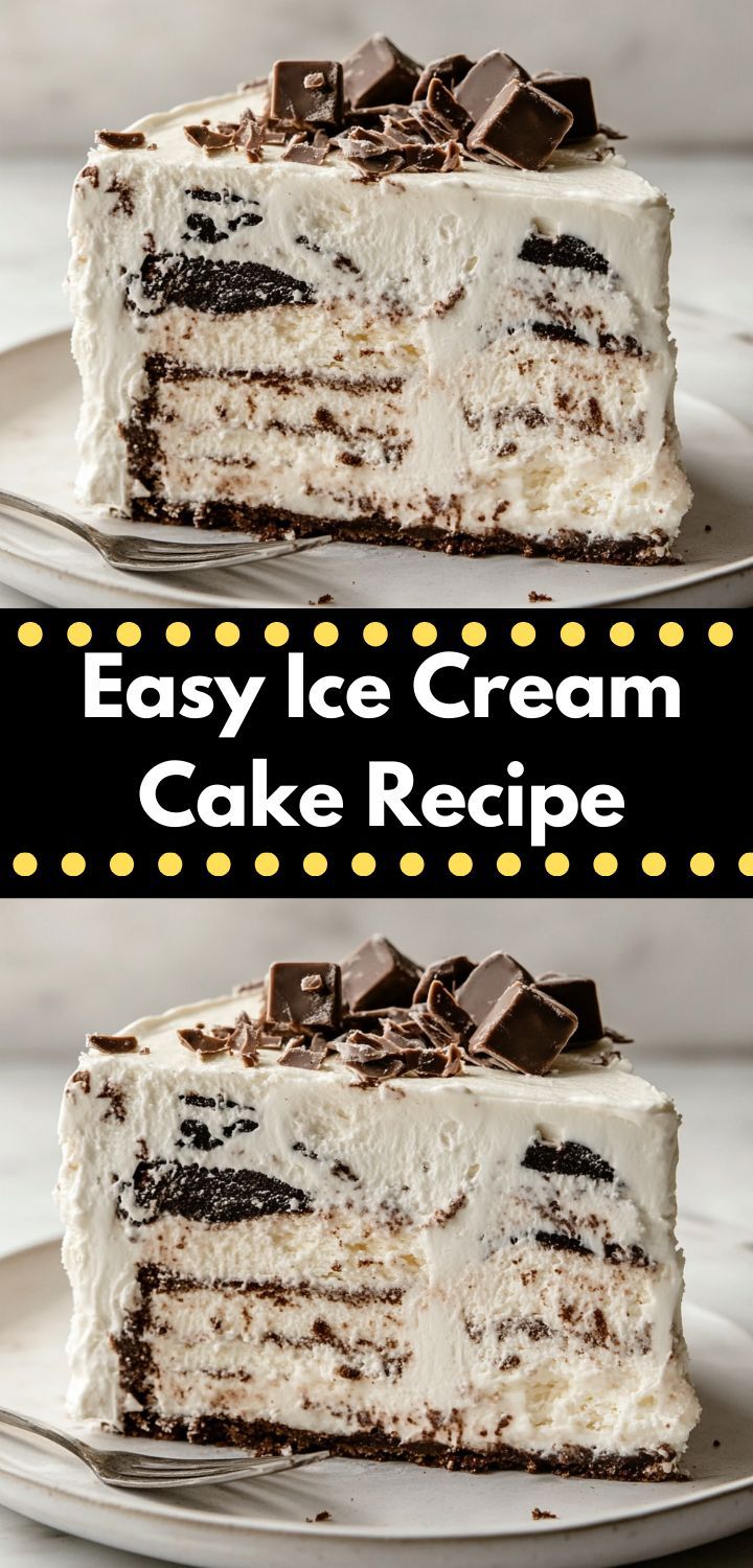 an easy ice cream cake recipe on a white plate with the title in black and yellow