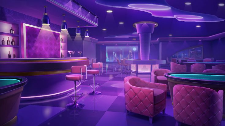 the interior of a bar with pink chairs and purple lighting on the ceiling is lit up