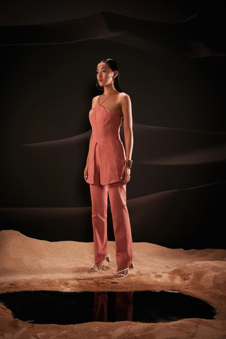 Play of elegance | Looking for the perfect co-ord set? The latest styles have landed, filled with fresh proportions. This weaved denim set in coral is an epitome of sophistication and modern allure. #mannatgupta #morph #minimalfashion #bestsellers #sustainablefashion #fashion #fashiontrends #shopthelook #instafashion #ootd #coord #luxurylifestyle #pret #couture #styling #fashiongram #luxury #womenfashion #shopnow #styletips #morphosis #denim #summerfashion #coral #weaves #metamorphosis #orange Sheer Pants, Denim Set, Box Pleat Skirt, Leather Mini Dress, Backless Top, Night Out Outfit, Date Night Dresses, Denim Cotton, Co Ord Set