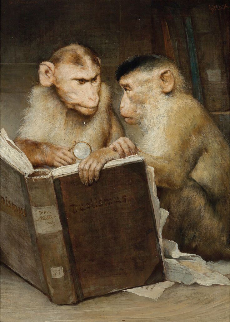 two monkeys sitting next to each other and looking at an old book with a magnifying glass in its mouth