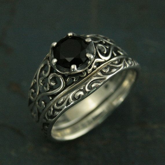 Maleficent--Onyx Vintage Style Ring--Antique Style Filigree Ring--Bridal Set--Vine and Tendril Band- Gothic Sterling Silver Wedding Rings, Elegant Oxidized Round Rings, Ornate Adjustable Wedding Rings, Elegant Rings With Oxidized Finish, Gothic Engraved Rings For Anniversary, Black Filigree Ring With Intricate Design, Vintage Black Filigree Ring For Wedding, Victorian Promise Ring With Intricate Design, Vintage Black Filigree Wedding Ring