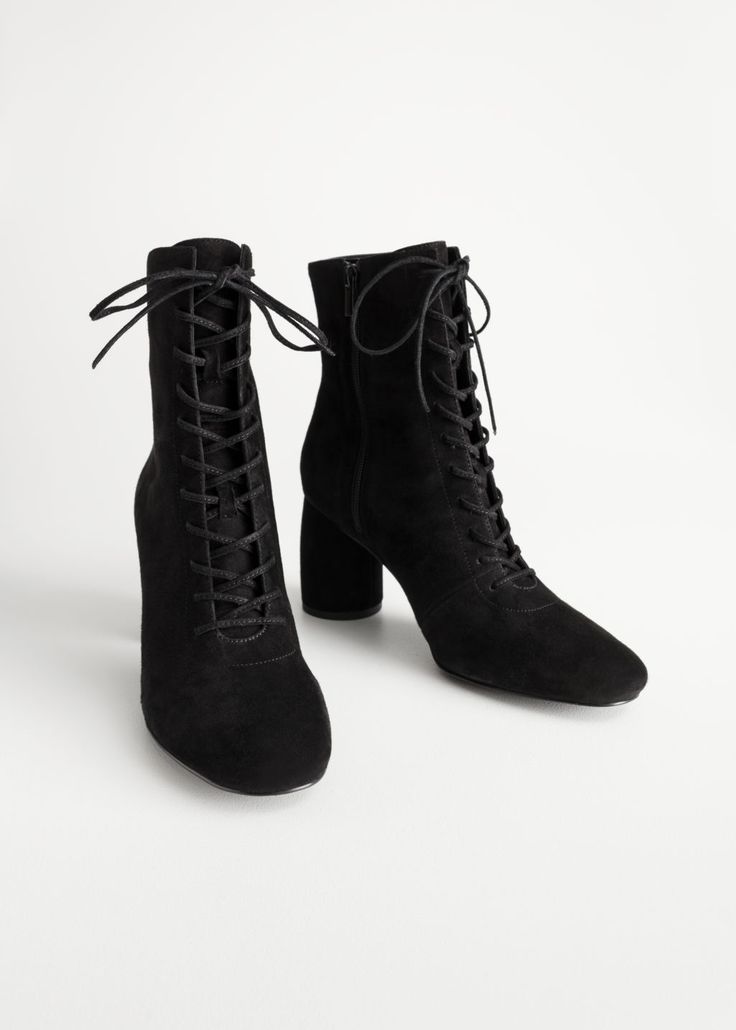 Back image of Stories  in black Best Golf Shoes, Boot Heels, Dr Shoes, Black Suede Boots, Pinterest Fashion, Suede Lace, Quick Guide, Lace Up Ankle Boots, Golf Shoes