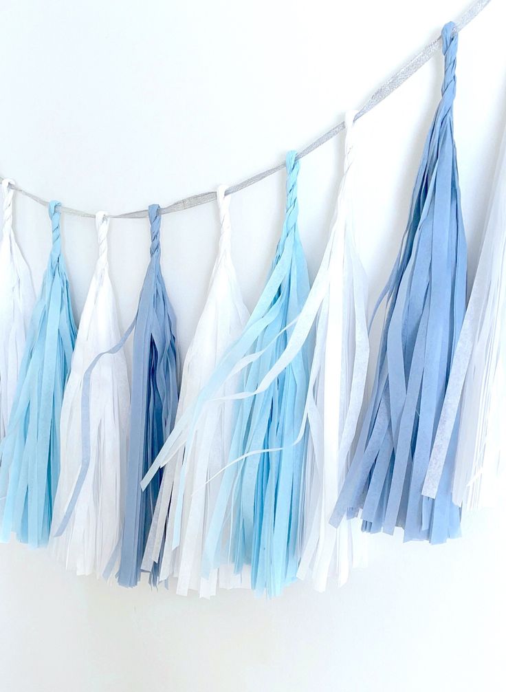 blue and white tassels hanging from a string on a wall in a room