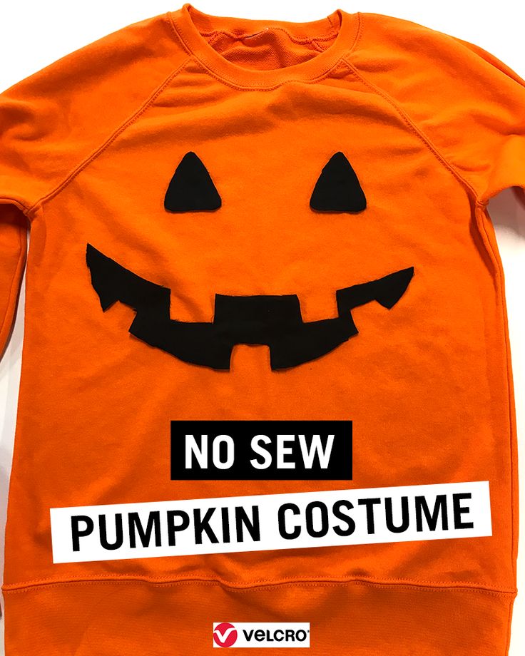 an orange sweatshirt with a black and white sign that says no sew pumpkin costume