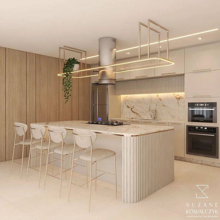 a kitchen with marble counter tops and white chairs