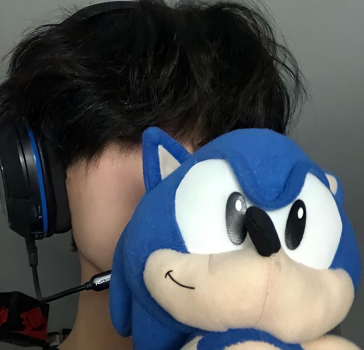 a person with headphones and a stuffed animal in front of their face wearing a headset