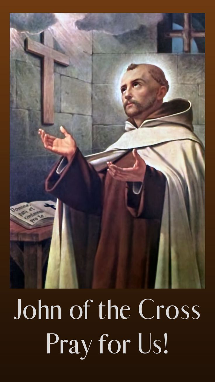 a painting of a man holding a cross with the words john of the cross pray for us