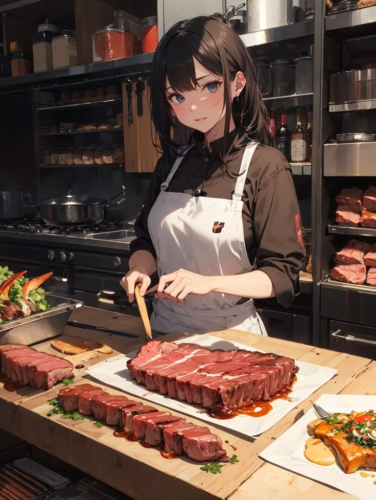 a woman in an apron preparing food at a table with meats on the counter