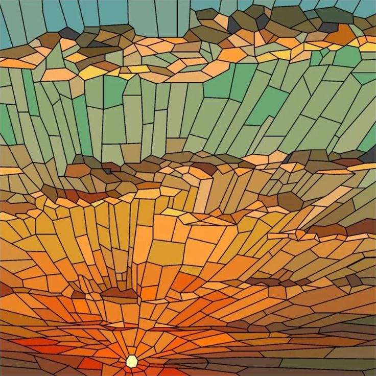 a stained glass window with the sun setting in the sky and clouds above it, as if