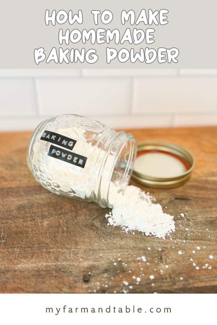 how to make homemade baking powder in a jar on a wooden table with text overlay