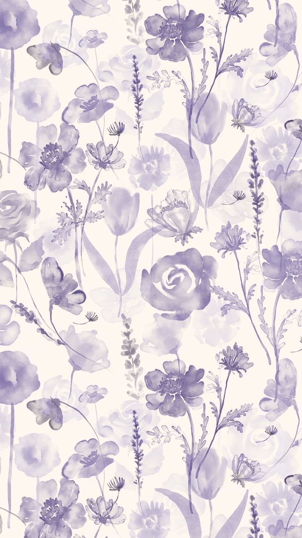 watercolor flowers and plants on a white background with purple accents, in shades of lavender