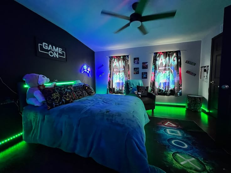 Gamer Xbox PlayStation video games led led lights boys bedroom girls bedroom game cool neon fun teenager Game Themed Boys Bedroom, Teenage Gamer Room, Teenage Gamer Bedroom Ideas, Gaming Bedroom Theme, Gaming Bedroom Decor Ideas, Diy Gamer Decor Bedroom, Fortnight Room Ideas, Boys Room Video Game Theme, Bedroom Ideas For 9 Yrs Old Boy