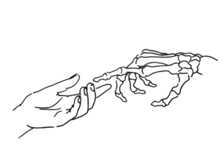 a drawing of two hands reaching for each other to grab something out of the ground