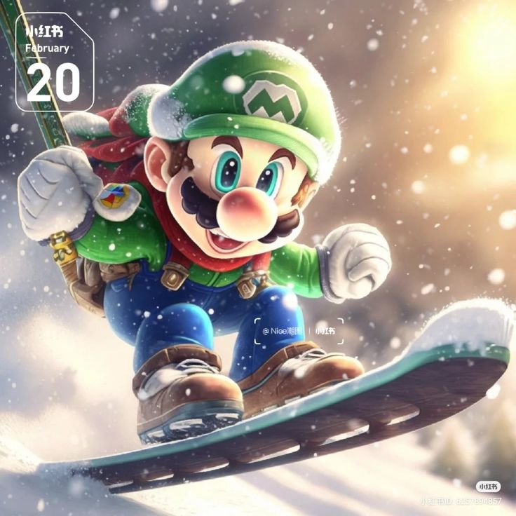 the mario bros character is skiing in the snow