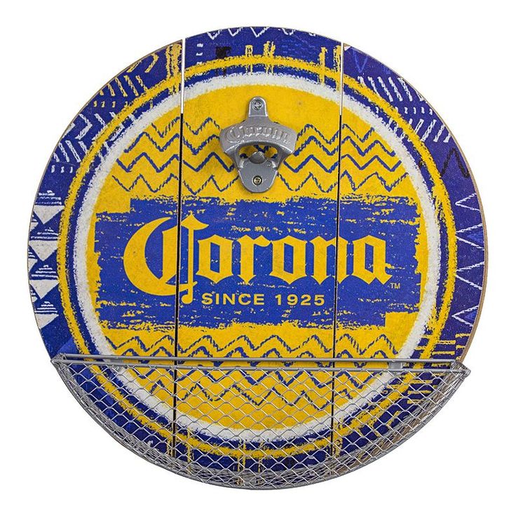 a blue and yellow sign with the word corona on it's side, in front of a white background