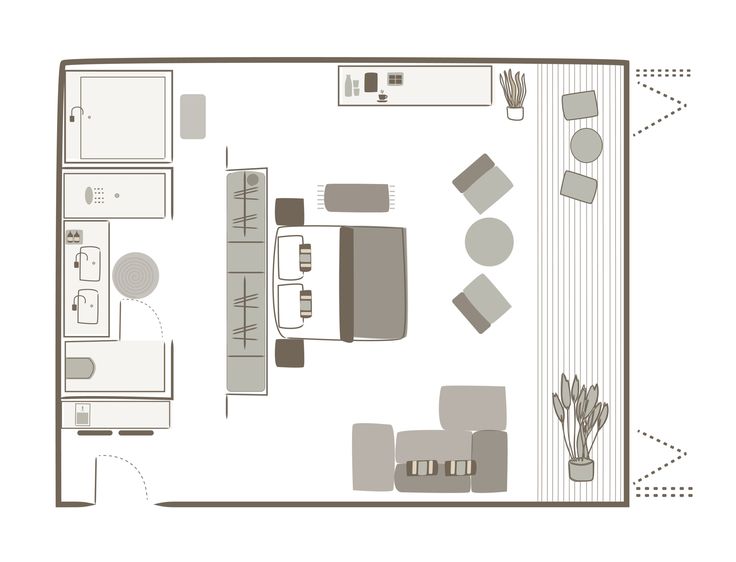 a drawing of a living room and kitchen