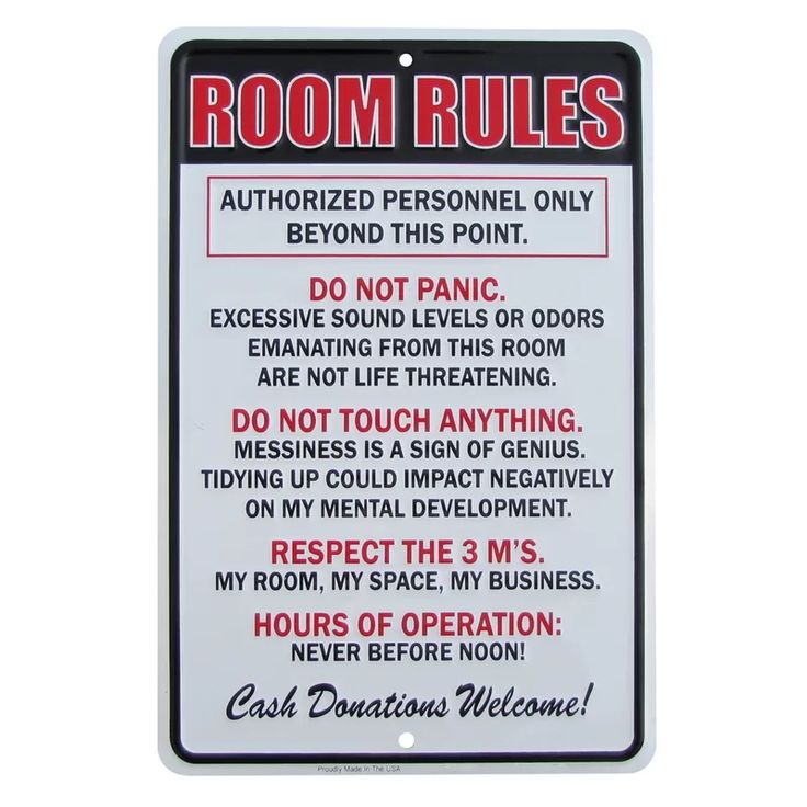 a sign that says room rules on the side of a building with red writing and black lettering