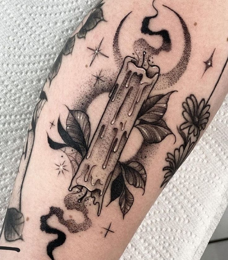 Witchy Calf Tattoo, Which Tattoos For Women, Long Tattoo Design Arm, Gothic Patchwork Sleeve Tattoo, Spooky Flash Art, Tarot Sleeve Tattoo, Spooky Forearm Tattoo, Witchy Arm Sleeve Tattoo, Spooky Candle Tattoo