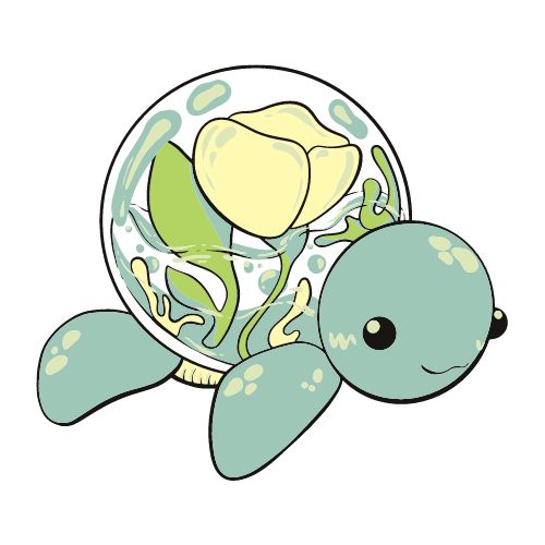 an image of a turtle that is floating in the water with flowers on it's back