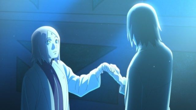 two anime characters shaking hands in front of a blue background with light shining on them