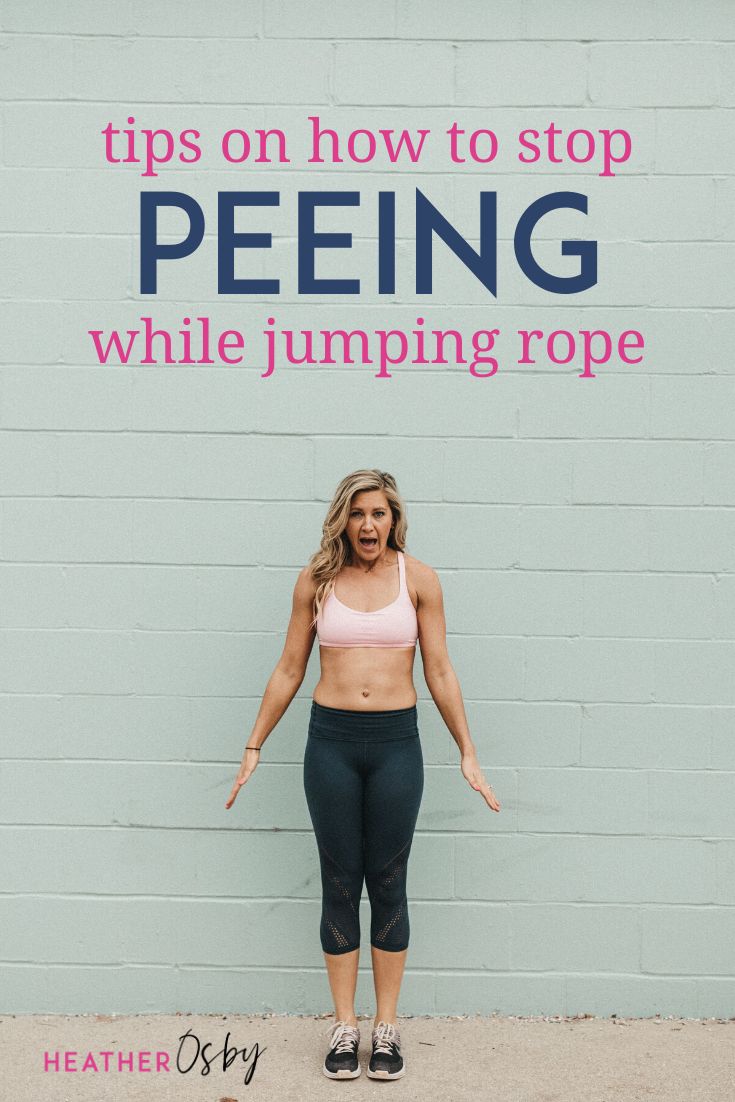 a woman standing in front of a wall with the words tips on how to stop peeing while jumping rope