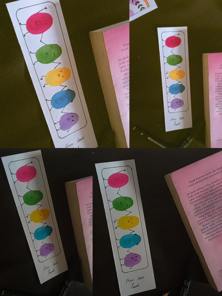 four different colored papers with writing on them