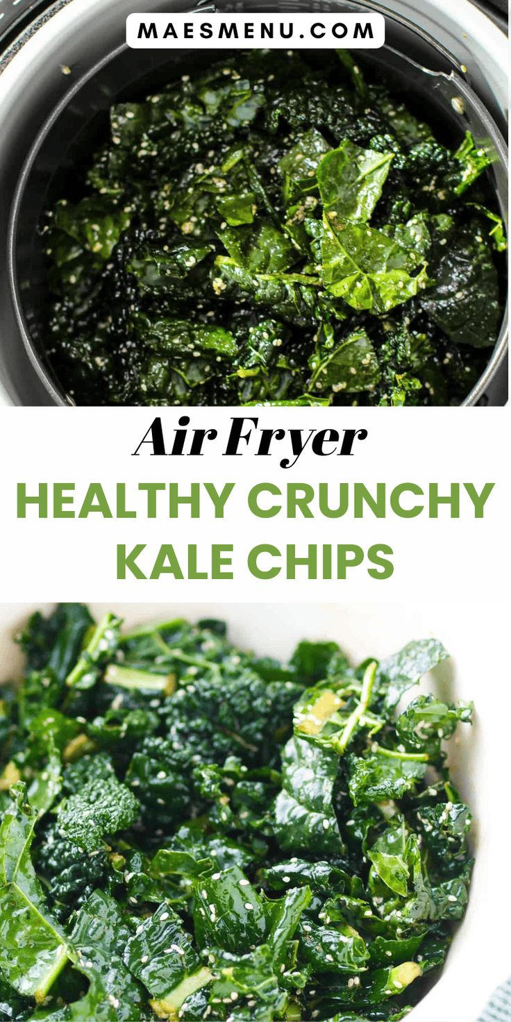 two pictures showing how to make healthy kale chips in the air fryer and on the stove