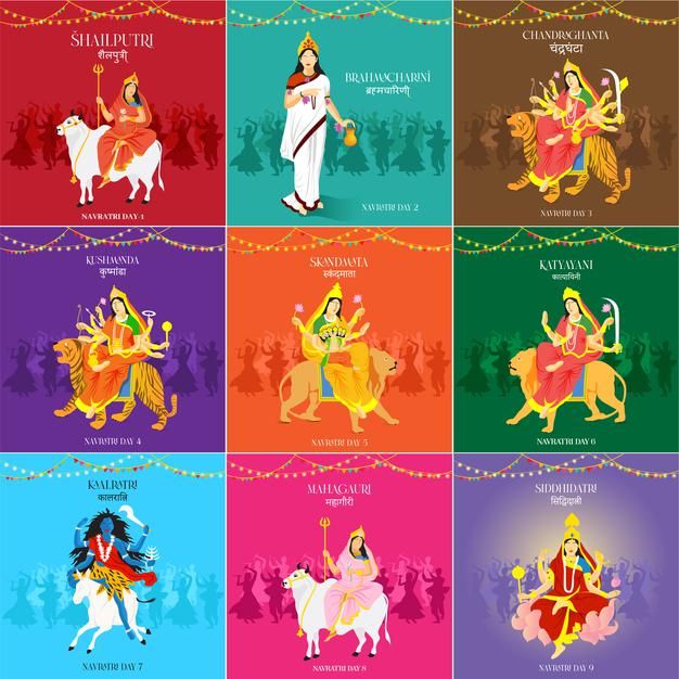 the seven avatars of hindu deities in different colors and sizes, with text on each side