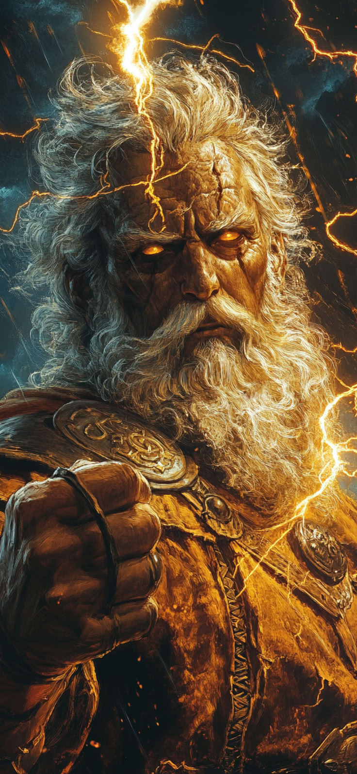 a man with long white hair and beard standing in front of lightning