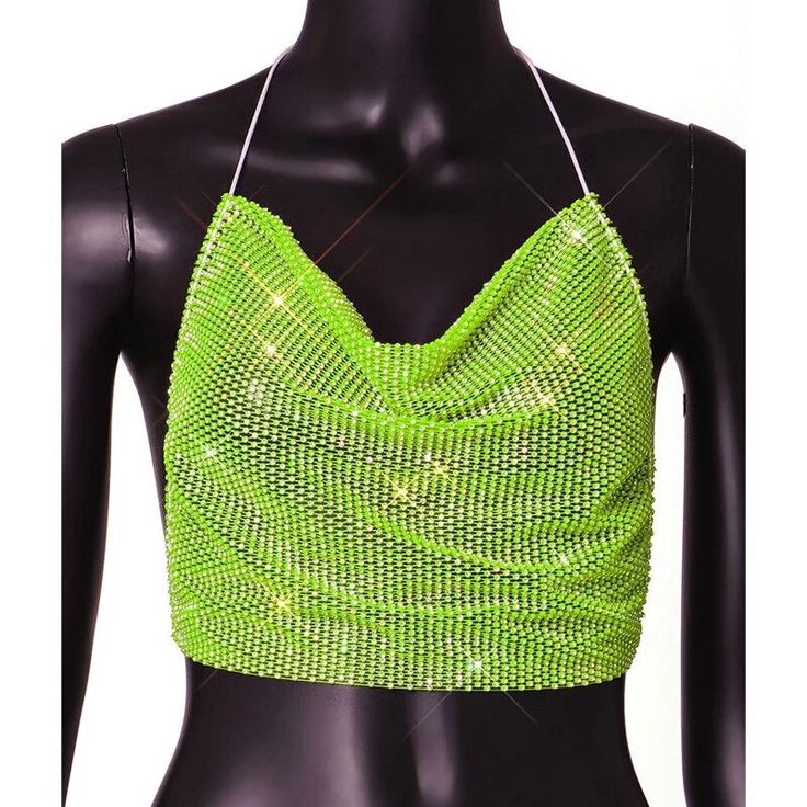 Neon rhinestone see through backless top. Summer Party Mesh Top With Built-in Bra, Party Backless Halter Top With Built-in Bra, Y2k Tops With Built-in Bra For Night Out, Stretch Halter Top With Built-in Bra For Party, Spring Party Backless Tops, Evening Backless Top With Built-in Bra, Trendy Party Tank Top With Built-in Bra, Backless Crop Top For Party, Spring Backless Top For Club