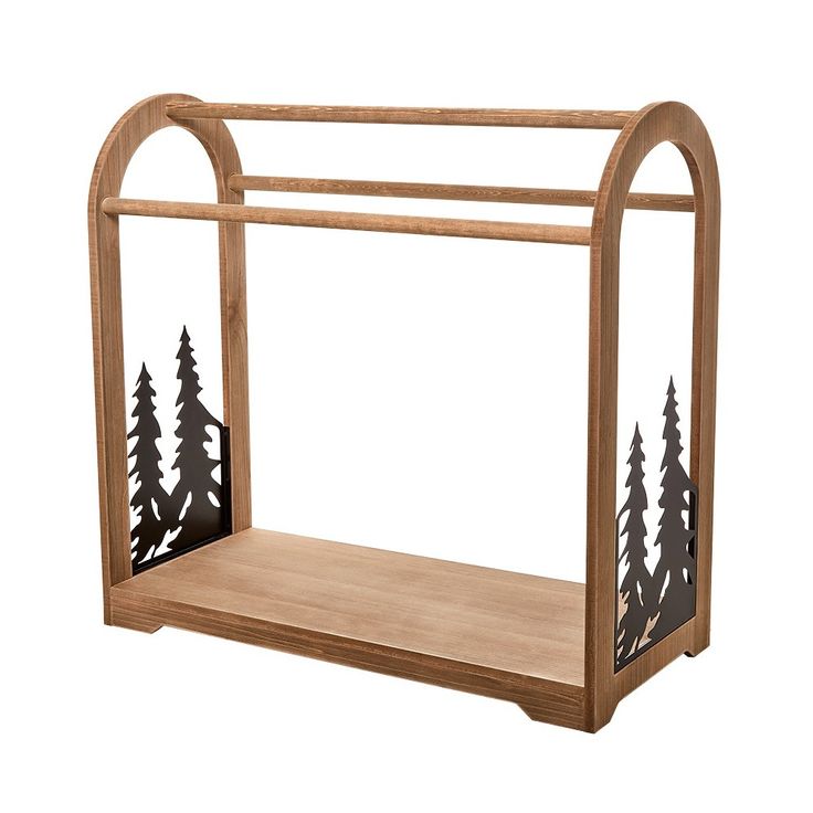 a wooden shelf with trees cut out of the top and bottom, on an isolated white background