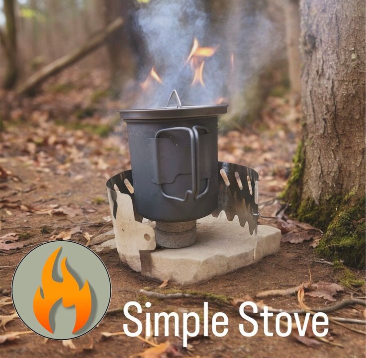 a camp stove with the words simple stove on it and an image of a fire