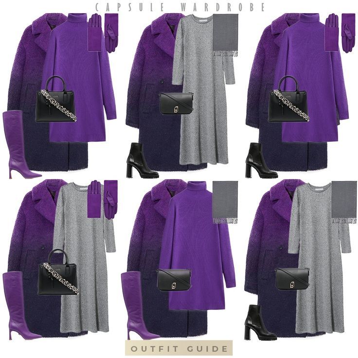 Hi, gorgeous! This time I made you a casual capsule wardrobe in silver, grey and purple colors. It is so easy to get dressed when you have a smart wardrobe!

Click on my post and start shopping!
Follow me for more looks! Purple Coat Outfit Winter Casual, Purple And Grey Outfits For Women, Purple Dress Winter Outfit, Grey And Purple Outfits, Purple Coat Outfit Winter, Grey Combination Color Dress, Purple Capsule Wardrobe, Purple And Grey Outfit, Grey Color Combinations Outfits