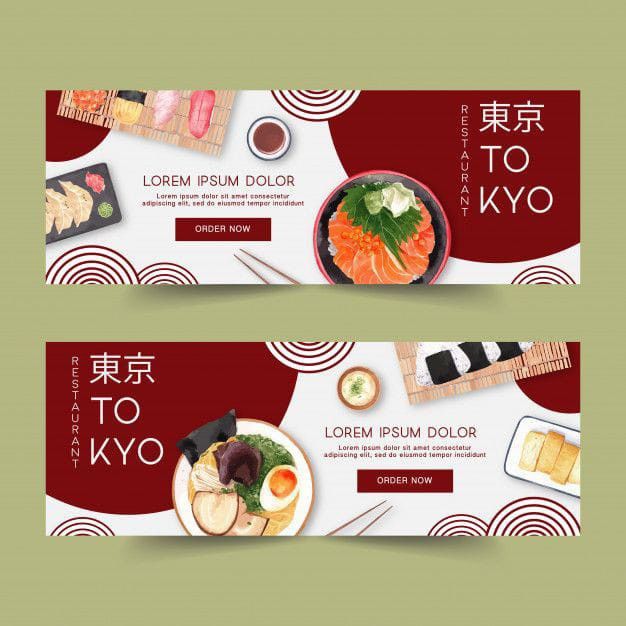 two horizontal banners with sushi and sashi food on them, one is red and the other is white