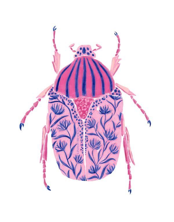 a drawing of a pink and blue beetle with stripes on it's back legs